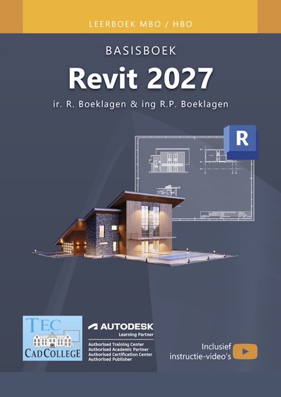 Livre "Basisboek Revit 2027" avec l'image d'une maison moderne avec piscine et plans de construction.