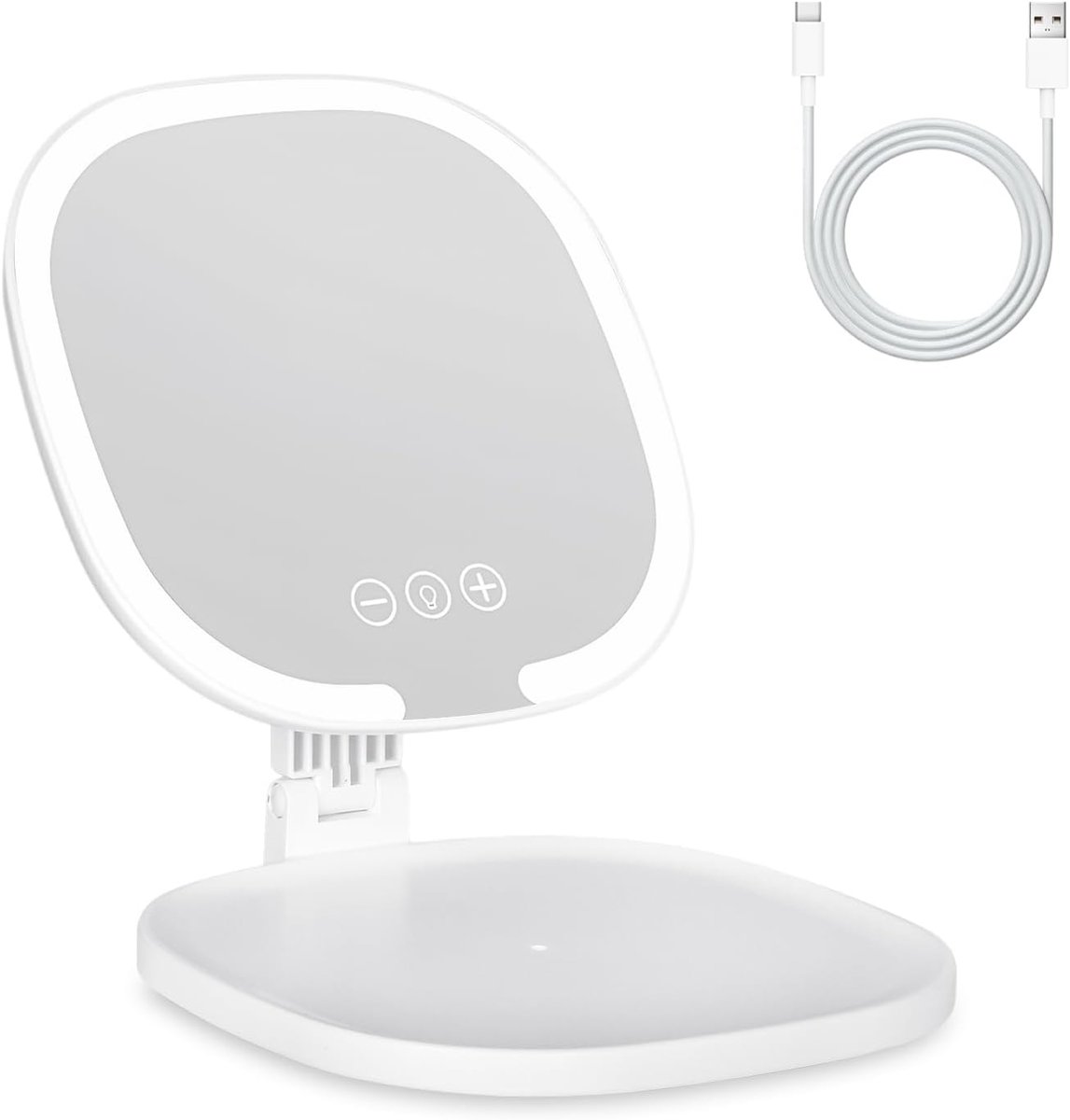 zurabini - LED Schminkspiegel - Make-up Spiegel Met Licht - Opvouwbare Tafelspiegel - Drie Kleurstanden - Aanraaksensor Bediening - ABS En Glas - Ultradun Design - Ideaal Voor Reizen - 1 Stuk