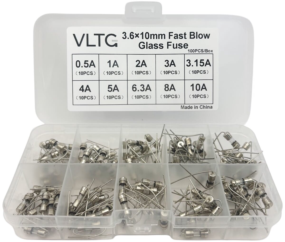 VLTG Glaszekering met Soldeerdraad 3.6x10mm - Buiszekering - Snel (F) - 0.5A t/m 10A - Zekeringset 100 stuks