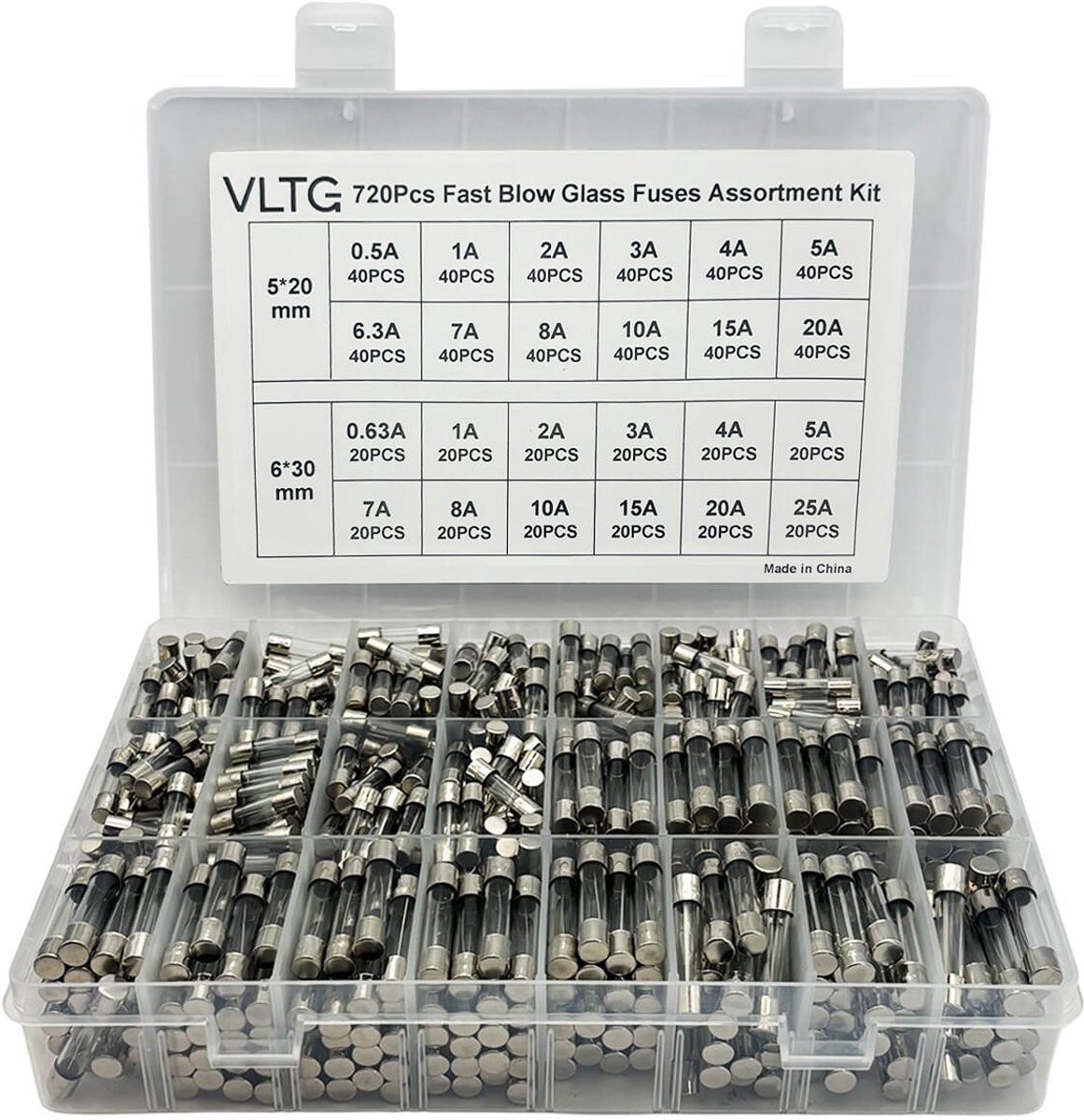 VLTG Glaszekering 5x20mm + 6x30mm - Buiszekering - Snel (F) - 0.5A t/m 25A - Zekeringset 720 stuks