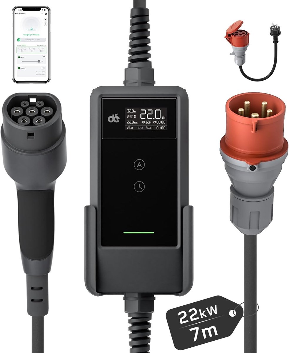 dé EV Oplader CEE 22kW [7m, 3-Fase, 6-32A] Wallbox 22kW met Type 2 Laadkabel en Digitale LCD Bediening voor ID.3/4/5 - ShopVlot
