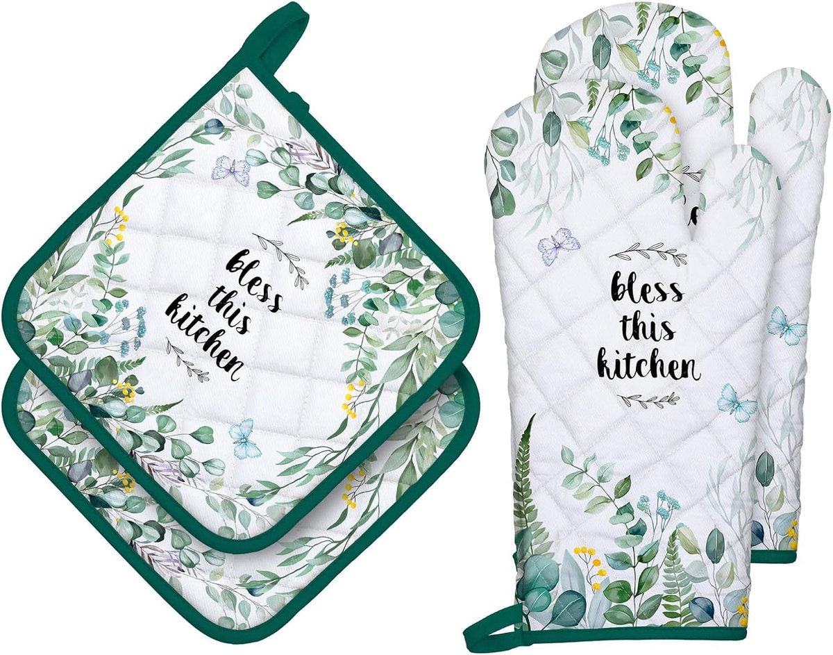 Ovenwant en pannenlappen set van 4 - 100% katoen - hittebestendig - ideaal voor koken - ShopVlot