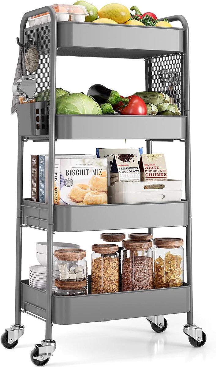 SnelShoppen - Multifunctionele Opbergwagen met Wielen, 4 Laags Trolley met DIY Pegboards, Handvaten en Haken voor Keuken, Badkamer, Kantoor, Grijs