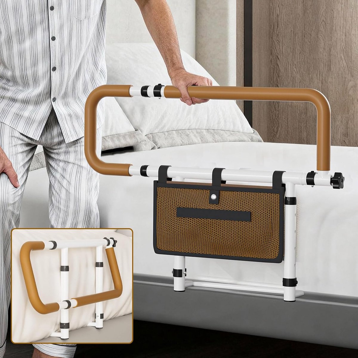SnelShoppen - Bedhekje voor Senioren met Handgreep, Vouwbaar en Instelbaar, Veiligheidshekje voor Senioren, Zwangeren en Personen met Beperking, Inclu