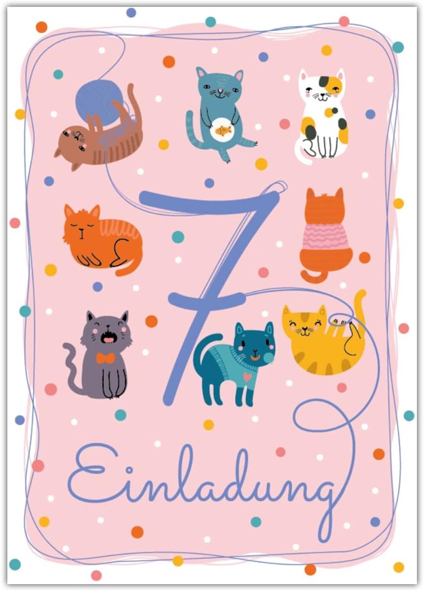 SnelShoppen - 12 Uitnodigingskaarten voor 7e Verjaardag Kinderen - Feest Kaarten voor Jongens en Meisjes - Katten Thema - 10,5x14,8cm - Hoogwaardige F