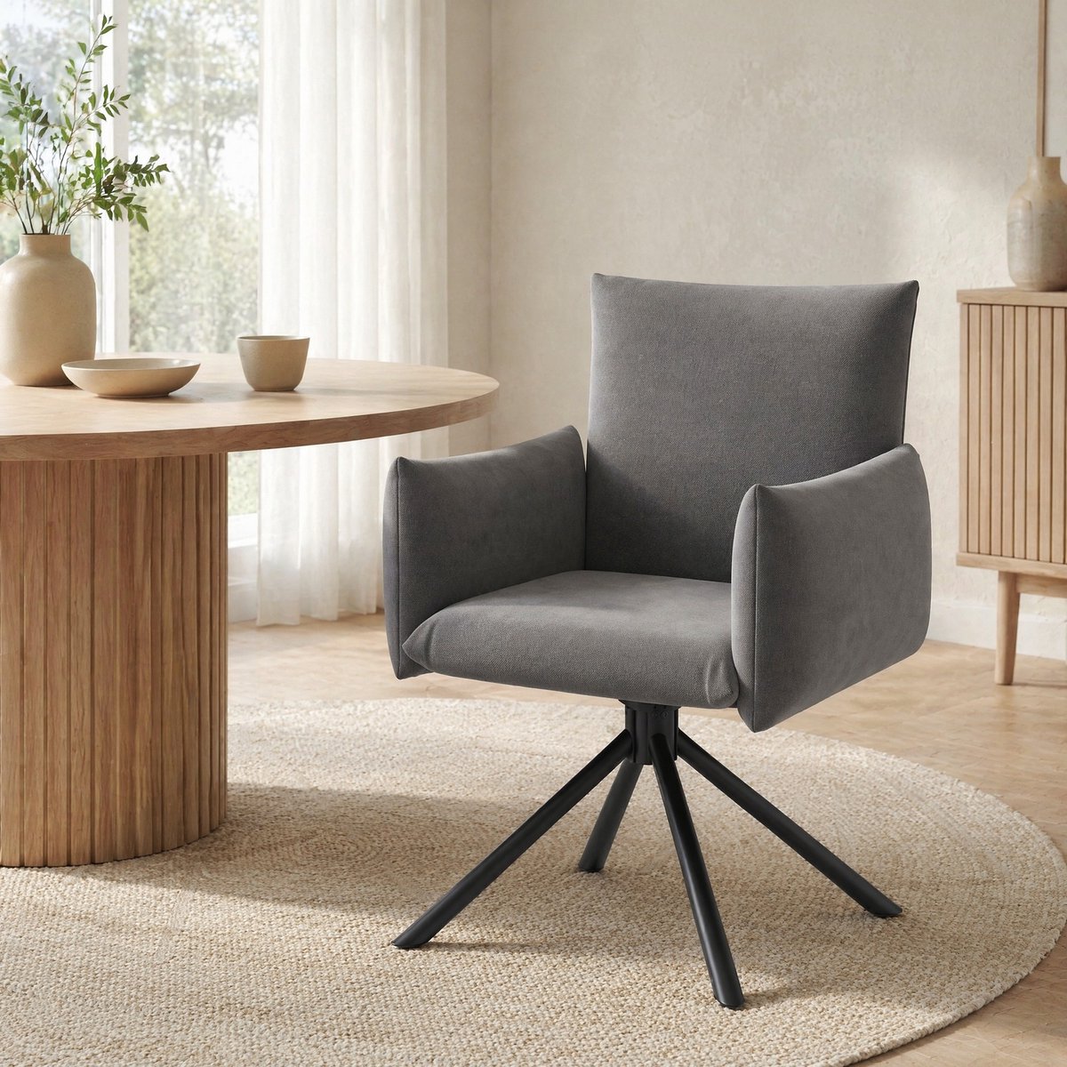 MEUNIQ set van 2 grijze eetkamerstoelen, 360° draaibaar, met armleuningen, hoge rugleuning, fluwelen bekleding en metalen kruispoot voor eetkamer of woonkamer