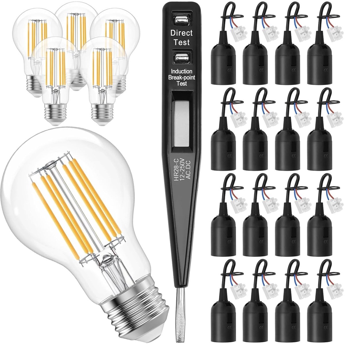 E27 lampenfittingen met kabel, VDE spanningstester en 6x 6W warmwitte LED lampen - vervangingsfitting 220V tot max. 60W, bouwlampen set voor thuisgebruik