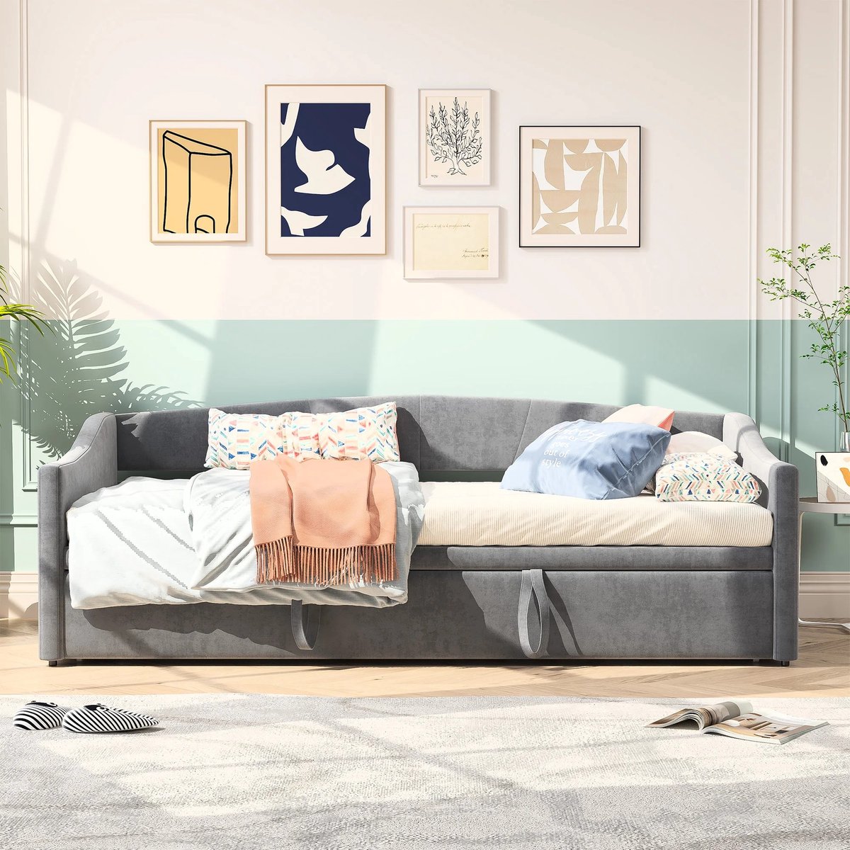 Dailygoods Dagbedden 90/180x200cm, 2-in-1 opklapbare slaapbank, uitschuifbare bank, eenpersoonsbed, slaapbank met uitsch