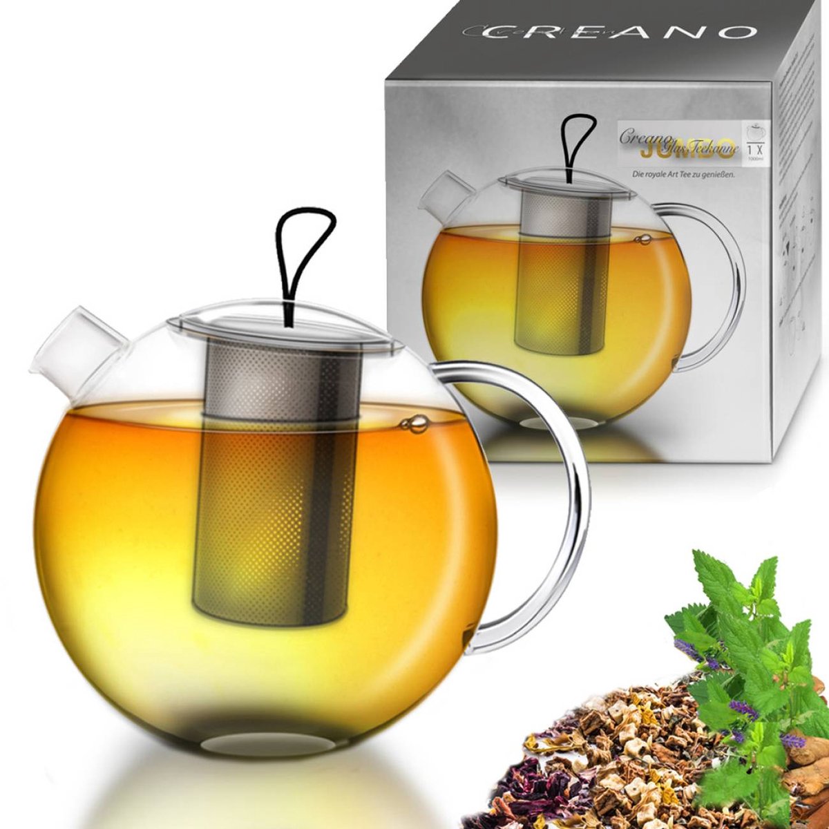Creano theepot "Jumbo" van glas, 3-delige glazen theepot in theepotset met geïntegreerde roestvrijstalen zeef & glazen deksel, multifunctionele design glazen theepot, all-in-one, 1,0l