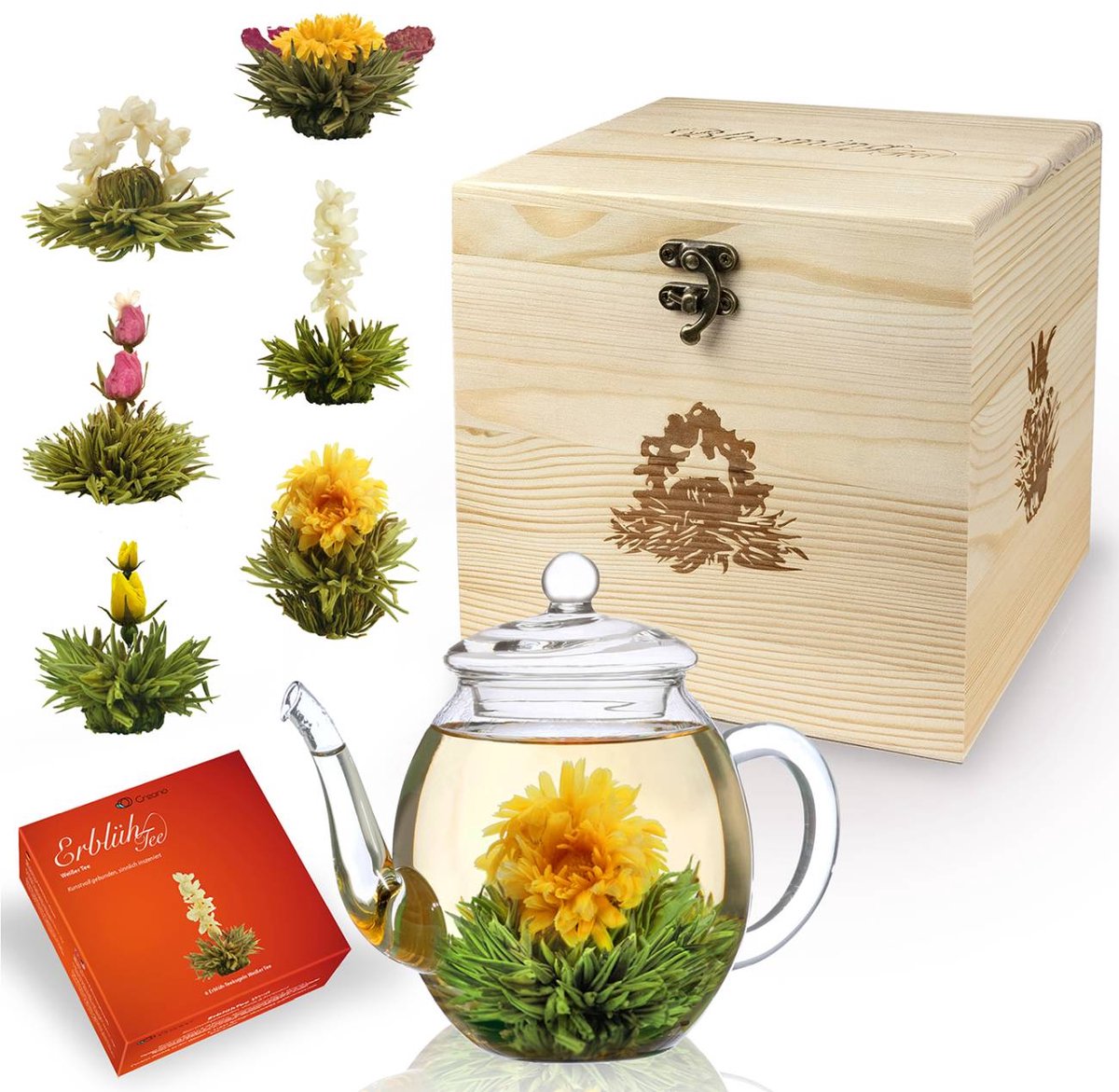 Creano theebloemen-mix cadeauset met 500ml theepot in luxe houten kist met 6 verschillende soorten bloementhee (witte thee)