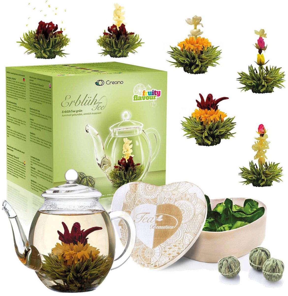 Set van 6 bloementhee "Groene thee" in hartvormige houten doos + 500ml theepot