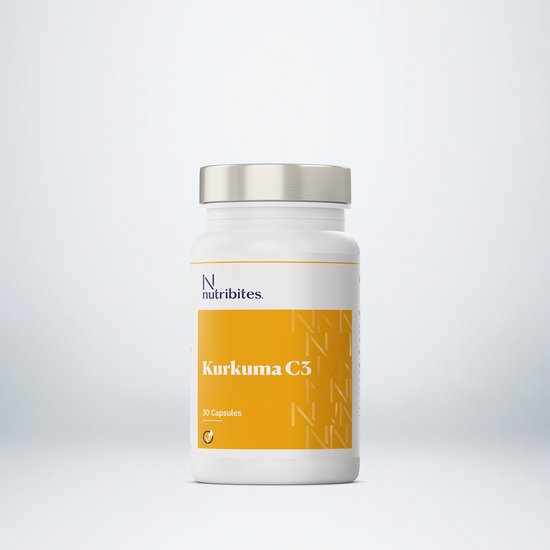 Witte capsulefles "Kurkuma C3" met kurkuma-geïnspireerde patronen.