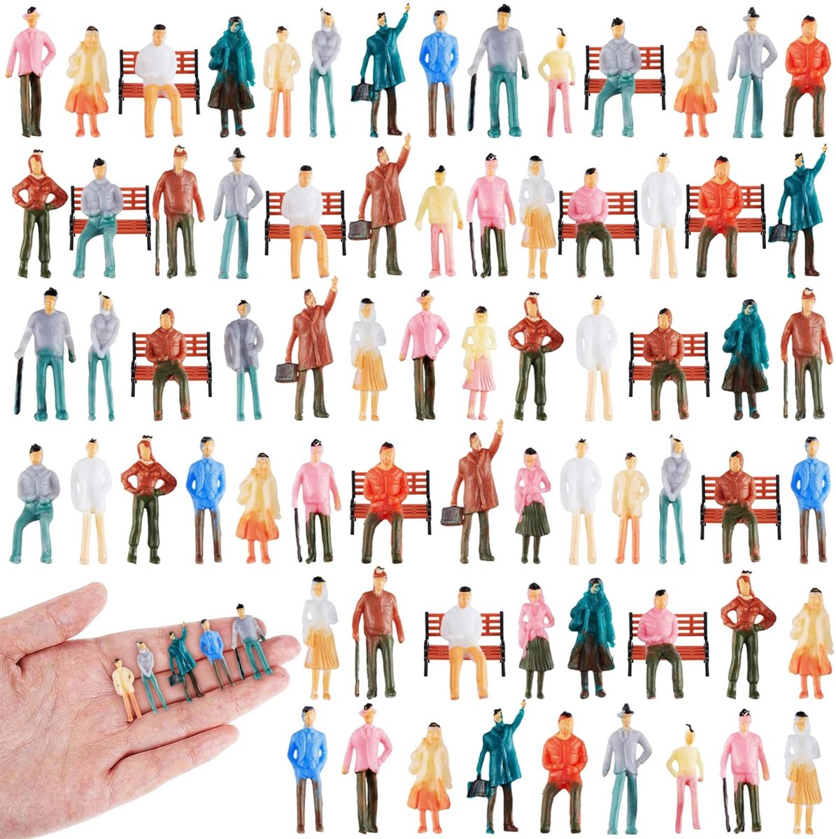 Dailygoods- Minifiguren 100 Stuks - Miniatuurbankjes 12 Stuks - Poppenhuisfiguurtjes - Decoratie - ABS-kunststof - Schaal 1:75 - Modelfiguren