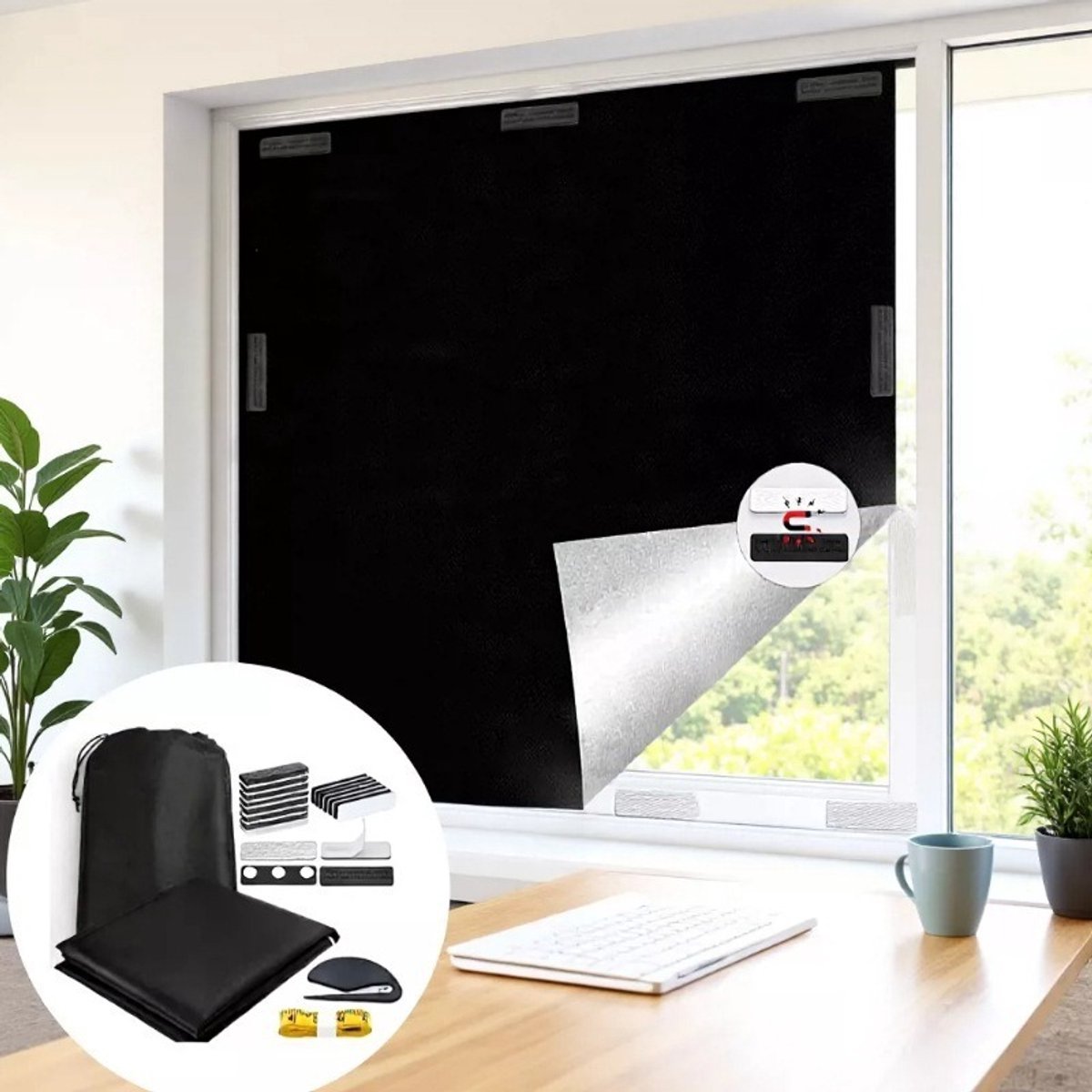 VHV Verduisterend gordijn - Blackout gordijn - Reisgordijn - Lichtdicht - Zonder boren - Draagbaar - Voor babykamer en slaapkamer - Op reis - 300 x 148 cm - Magnetisch model- Zwart
