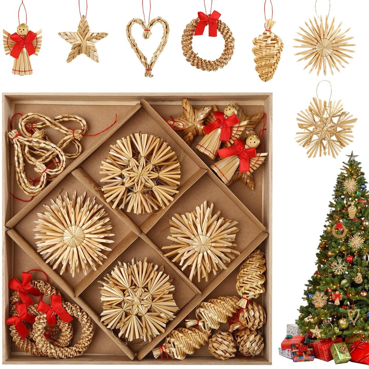 Dailygoods - Anstore strosterren kerstboomversiering, set van 38 stuks kerstboomversiering van stro, sneeuwvlok met houten kist, 6-8 cm engel strosterren voor boomversiering Kerstmis & natuurlijke kerstdecoratie