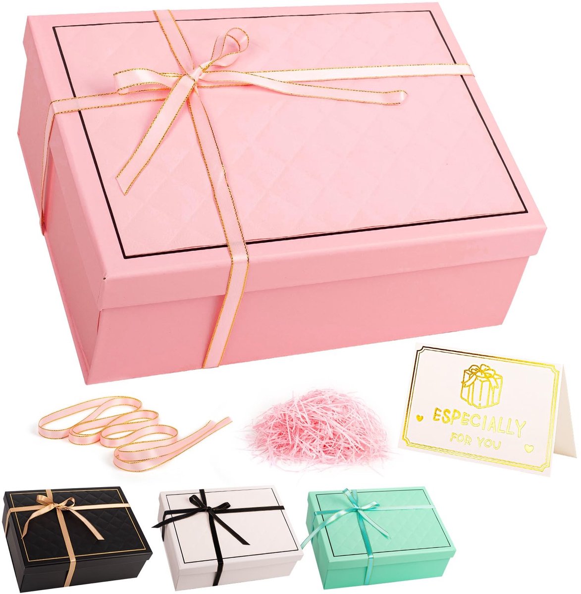 Dailygoods - Geschenkdoos met deksel, opvouwbare geschenkdoos, met kaart, versnipperd papier, lint, 25 x 18 x 8,8 cm, geschikt voor Valentijnsdag, verjaardagen, bruiloften, feestdagen (roze-B)
