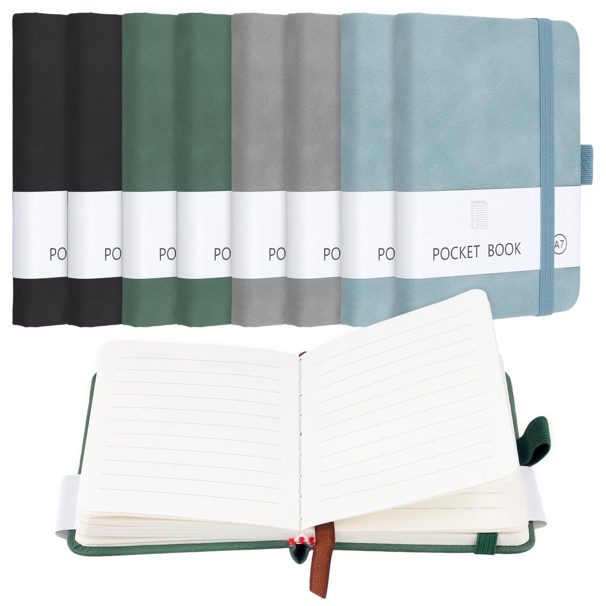 Dailygoods - 8 stuks kleine A7-notitieboekjes, 100 vellen, zachte kaft, mini-notitieboek met elastiek in 4 kleuren voor notities, afspraken, blauw, groen, zwart, grijs