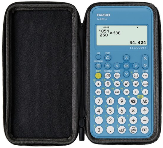 Blauwe Casio fx-82NL+ rekenmachine in geopende donkerblauwe beschermhoes.