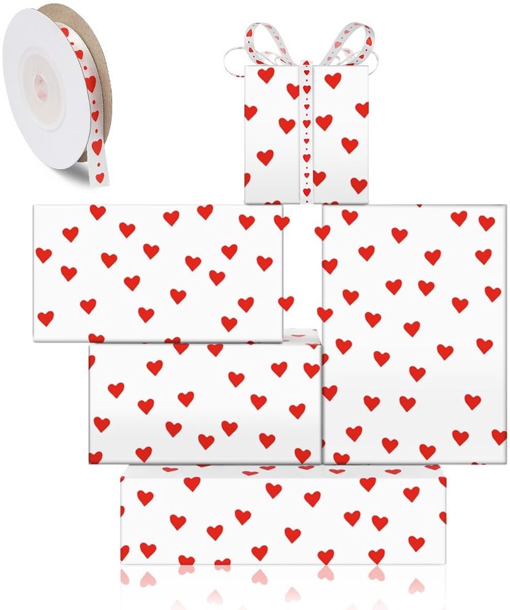 Solidchoice- Cadeaupapier met rode harten - 4 vellen 50 x 70 cm - Bruiloft - Valentijnsdag - Verloving - Jubileum - Hoogwaardige kwaliteit - Inpakpapier