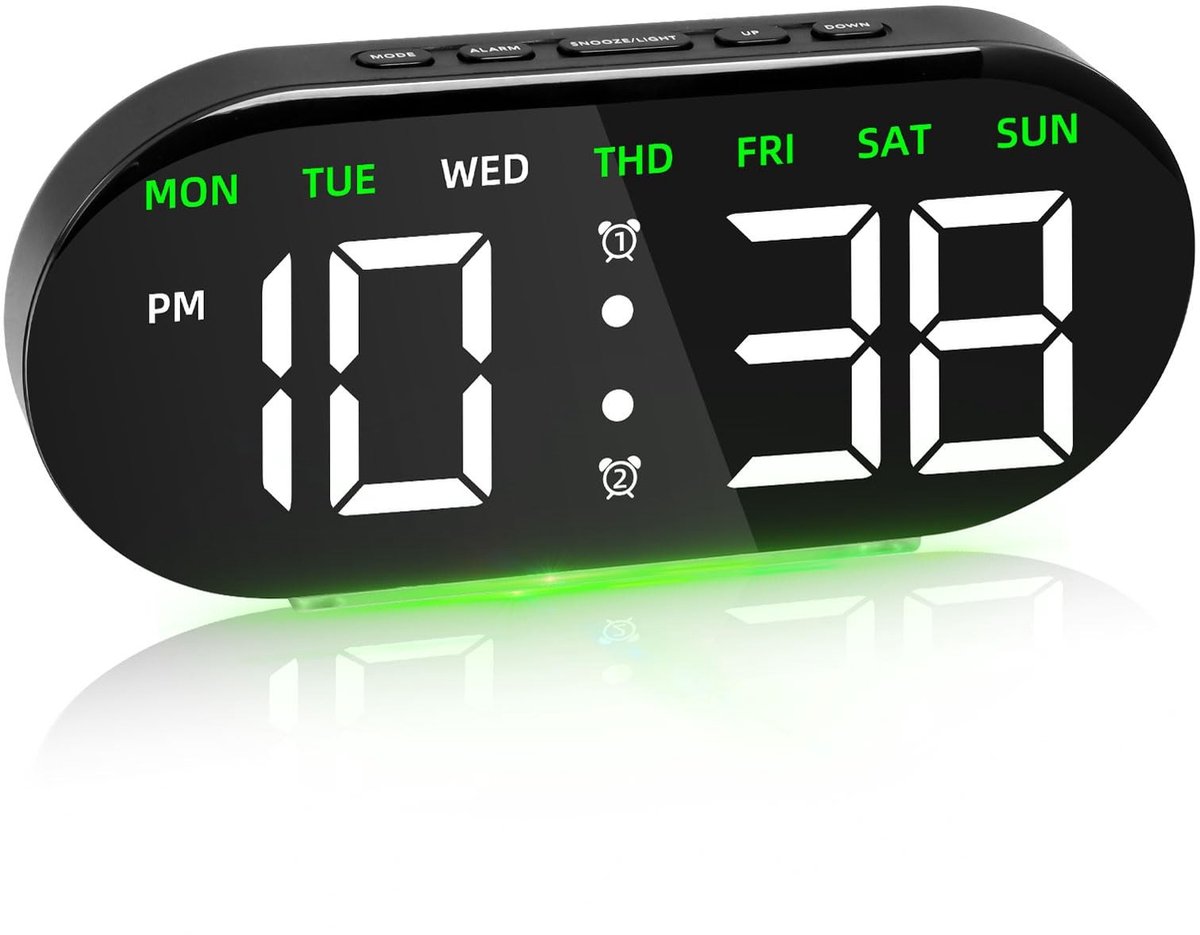 Solidchoice - Digitale wekker met groot led-display, digitale klok met nachtlampje, snooze, datum, temperatuur en weekdag, instelbare helderheid, 12/24 uur, dubbele wekker voor bureau, slaapkamer, kantoor