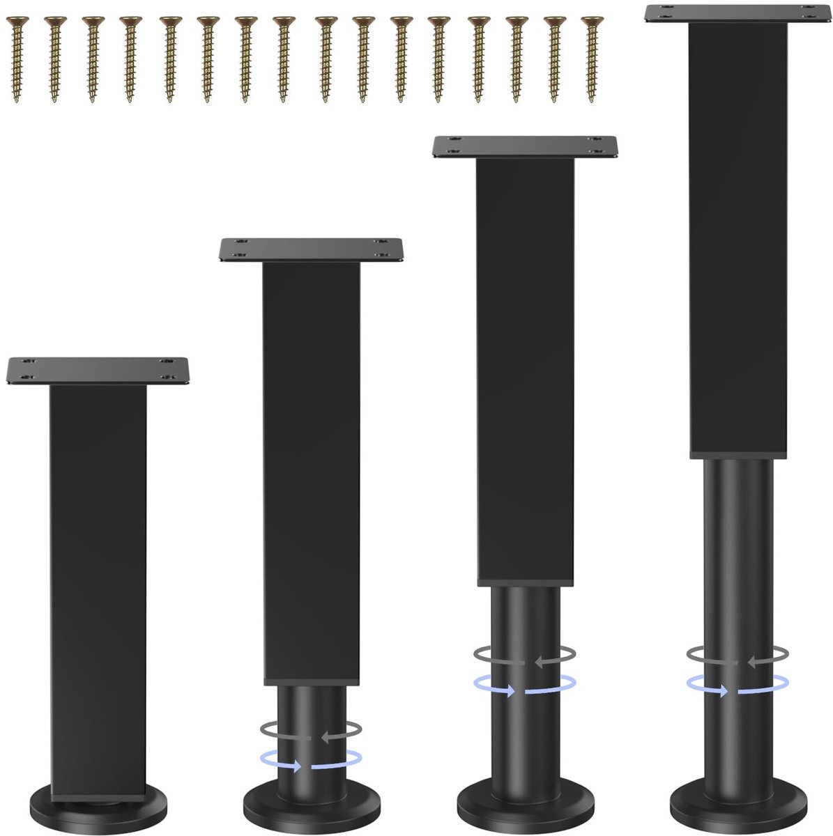 Solidchoice - 4 stuks meubelpoten, zwart, vierkant, verstelbaar, 18-30 cm