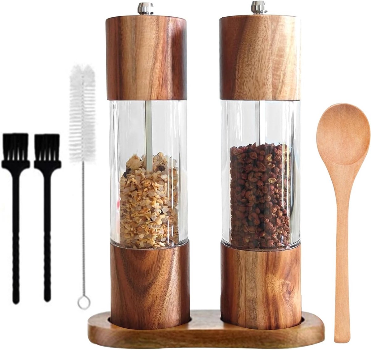 Set van 2 Houten Peper- en Zoutmolens met Verstelbare Keramische Kern en Transparant Venster, Handmatige Vulbare Specerijenmolens met Houten Tray en Fennelzaad