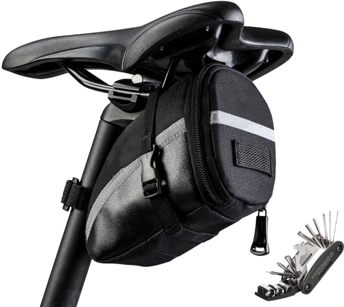 Dailygoods- Zadeltas met reflectie - Fietstas Zadel - 1,2 Liter Capaciteit - Geschikt voor Racefiets/Mountainbike - Inclusief Multitool - Polyester/Leer