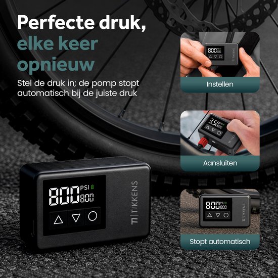 Tikkens® AirGo Elektrische Fietspomp XS - Mini Luchtcompressor - 118 gram - Draagbaar - Digitaal Display - Koersfiets - Racefiets - Gravelbike - Sportfiets - Stadsfiets - Mountainbike - Scooter - Fatbike - USB-C Oplaadbaar - Presta/Schräder/Dunlop van TIKKENS — afbeelding 4