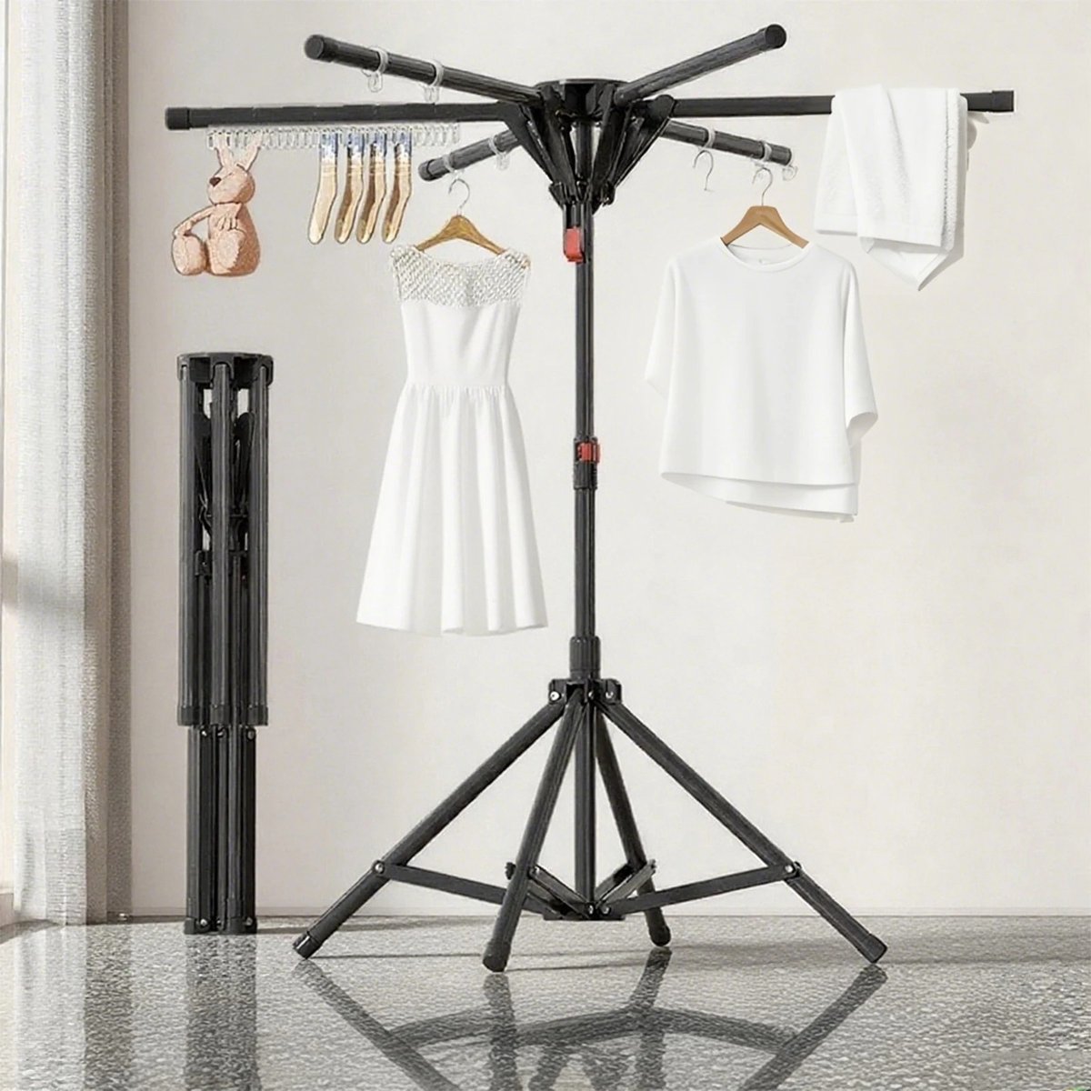 Dailygoods Wasrek van koolstofstaal, opvouwbaar, staand, draagbaar, met 6 uittrekbare stangen, hoogte- en breedteverstel