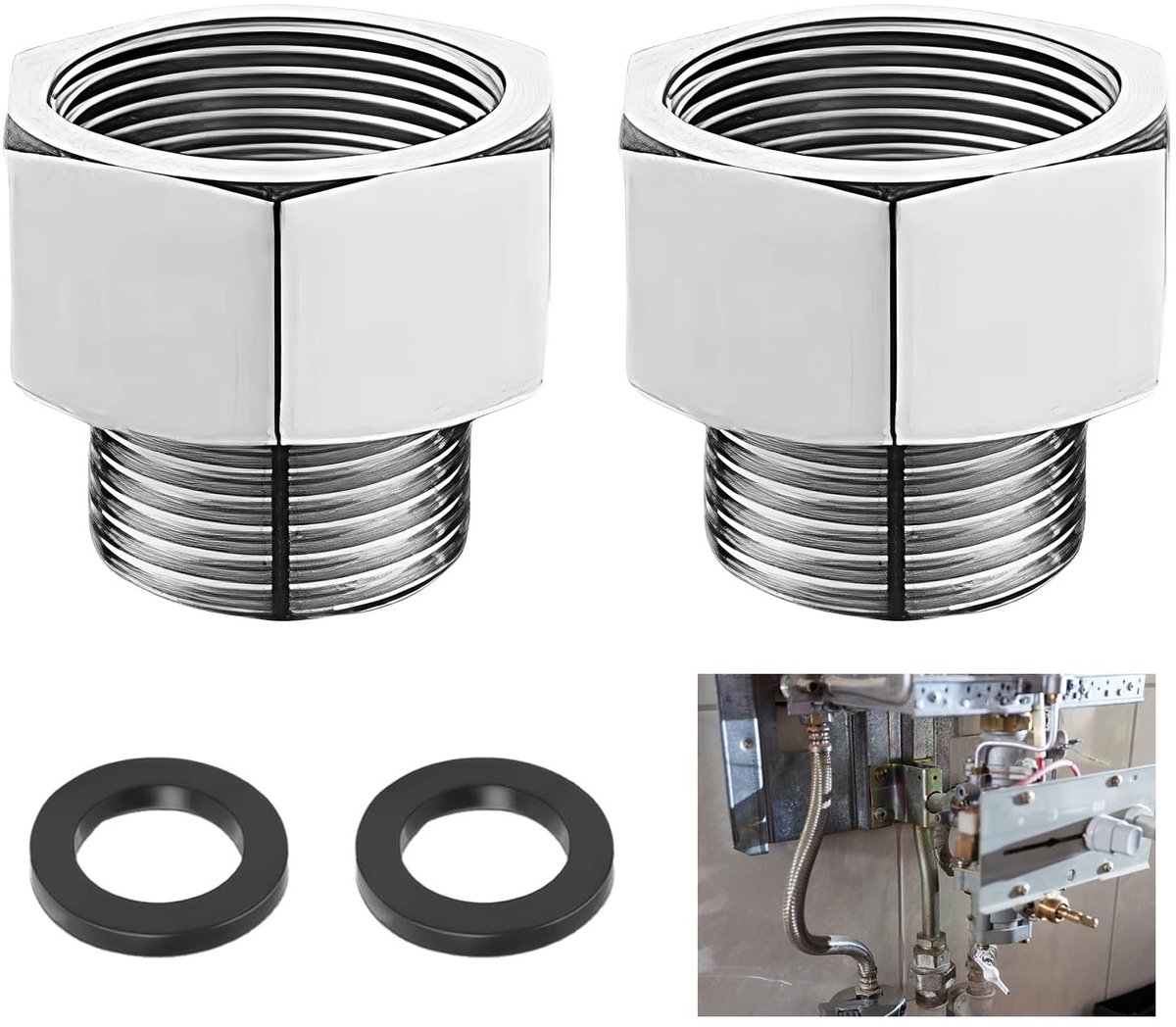 Dailygoods- Verloopstuk 1/2 Inch Binnendraad naar 3/8 Inch Buitendraad - 2 Stuks - Koperen Draadadapter - Afdichtring - Zeskant Adapter - Corrosiebestendig