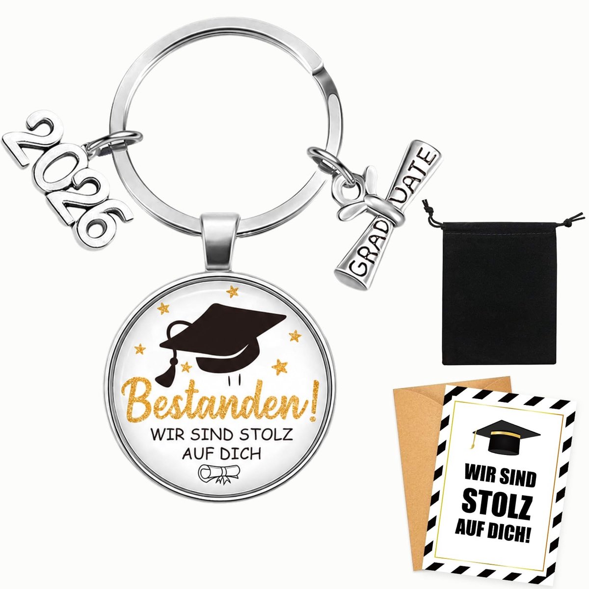 Dailygoods- Sleutelhanger Geslaagd 2026 - Afstudeercadeau - Sleutelhanger met Kaarthoes - Wenskaart - Geschenkzakje - Roestvrij Staal