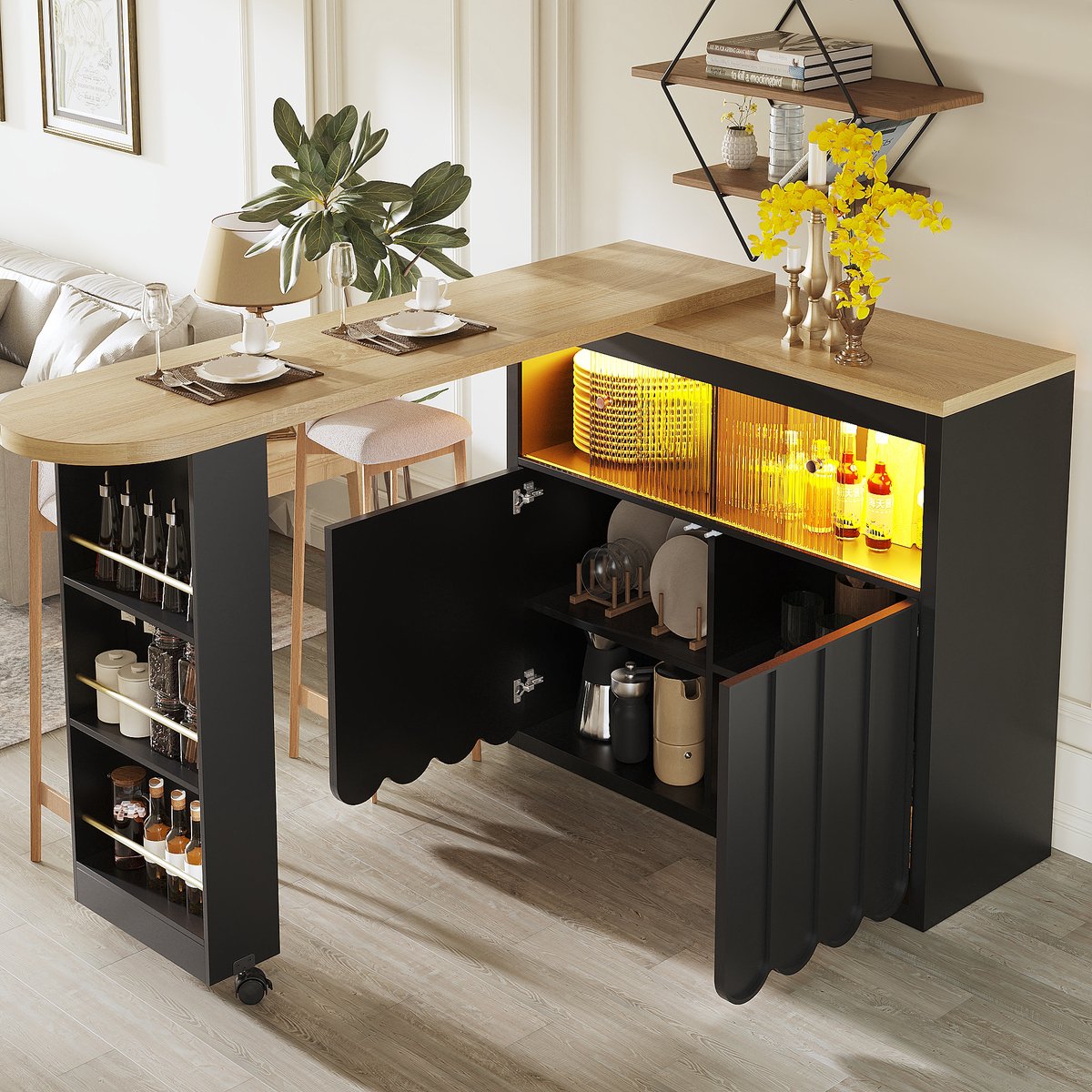 DESMIU Uitbreidbare Bartafel Met Opbergruimte En Ledverlichting Voor Woonkamer En Keuken - MDF En Glas - Zwart - 135 Tot 205 Cm