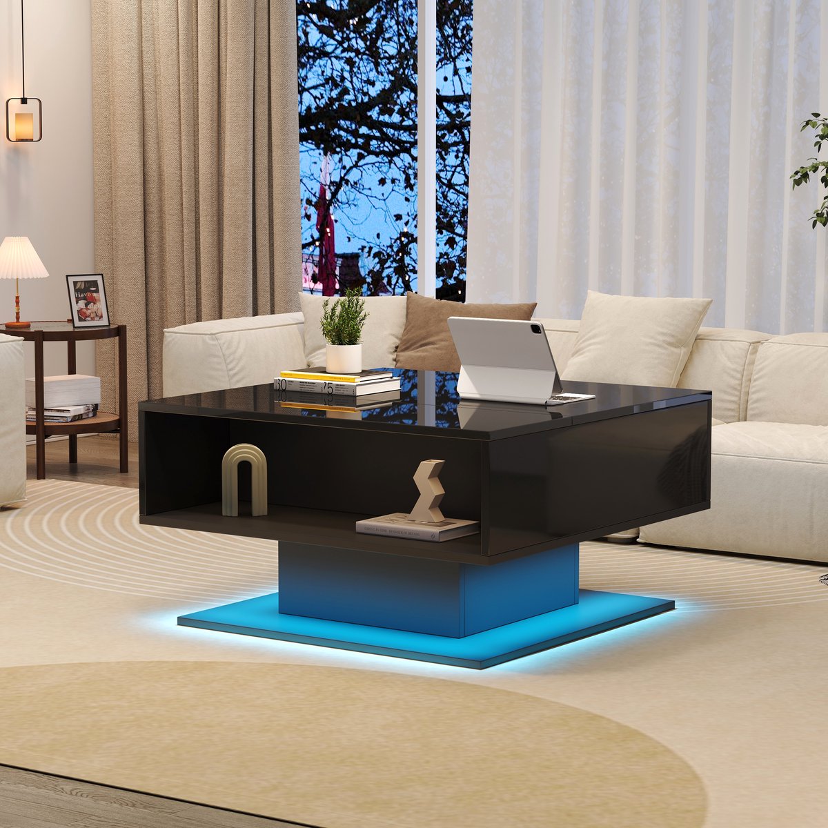 DESMIU Salontafel - Verstelbaar Met Verborgen Opbergruimte En Ledverlichting - Voor Woonkamer En Werken - Spaanplaat - Zwart - 80 X 75 X 40 Cm