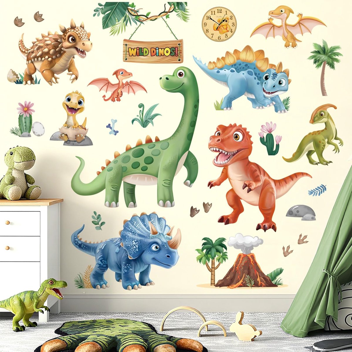 Dailygoods- Muursticker 3D Dinosaurus - Tropische Dieren - Vulkaan Planten - Muurdecoratie Kinderkamer - Veilig en Niet Giftig - Kleur in je Kamer