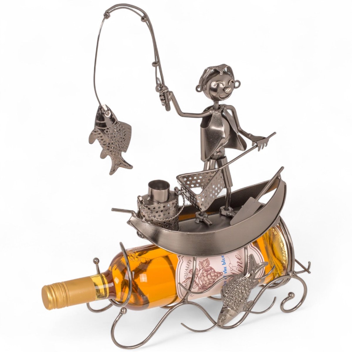 Dailygoods- Flessenhouder met visfiguur - Wijnstandaard - Robuust metaal - Handgemaakt - Decoratief woonaccessoire - 25 x 12 x 27 cm