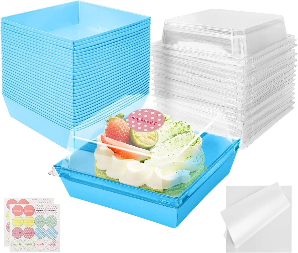 30 Stuks Herbruikbare Taartdozen met Transparante Deksel, 12cm, Voor Taarten, Cupcakes en Macarons met Bakpapier en Stickers