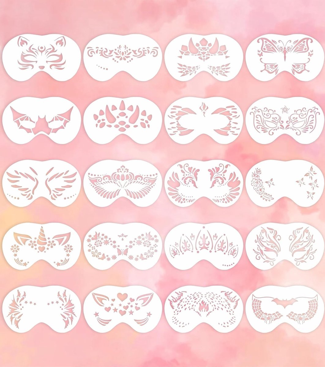 Set van 20 Herbruikbare Make-up Sjablonen voor Kinderen | Creatieve Stencils, Dieren, Bloemen en Symbolen, 20 x 12 cm