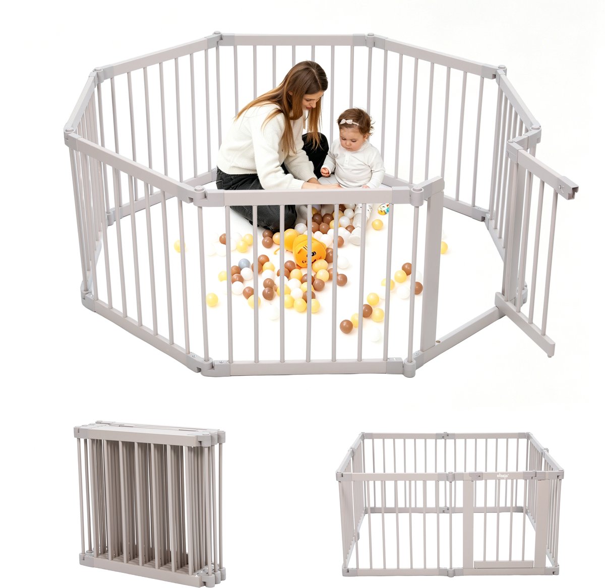 Elissio Grondbox - Babybox - Inklapbare Speelbox - Kinderbox - Playpen Baby - Voorgemonteerd - 130 x 130 - Incl. NL Handleiding -Japandi Beige Hout