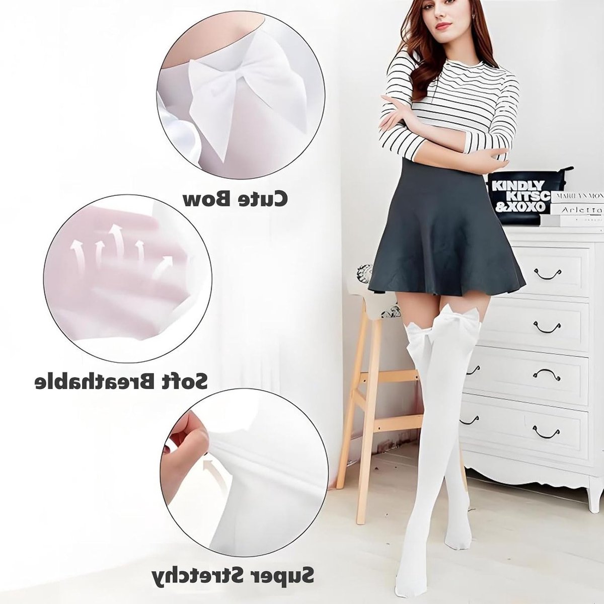 Overknee Kousen voor Vrouwen met Satijnen Strik - Opaque Witte Kniekousen voor Kerstkostuums en Feestelijke Outfits - Comfortabele en Stijlvolle Accessoires