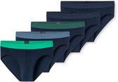 Vijf slips in donkerblauw, met taillebanden in groen, blauwgrijs en navy. Het SCHIESSER logo is zichtbaar.