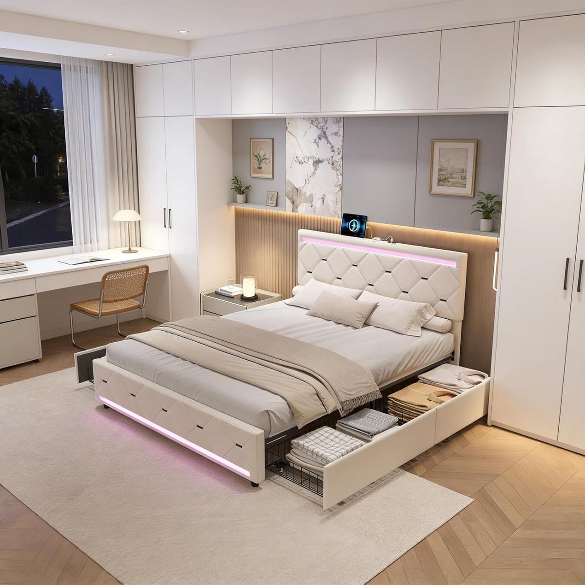 Tweepersoonsbed - Opbergbed Gestoffeerd - Slaapkamer Organisatie - Met Ledverlichting USB - 140x190 cm - Beige