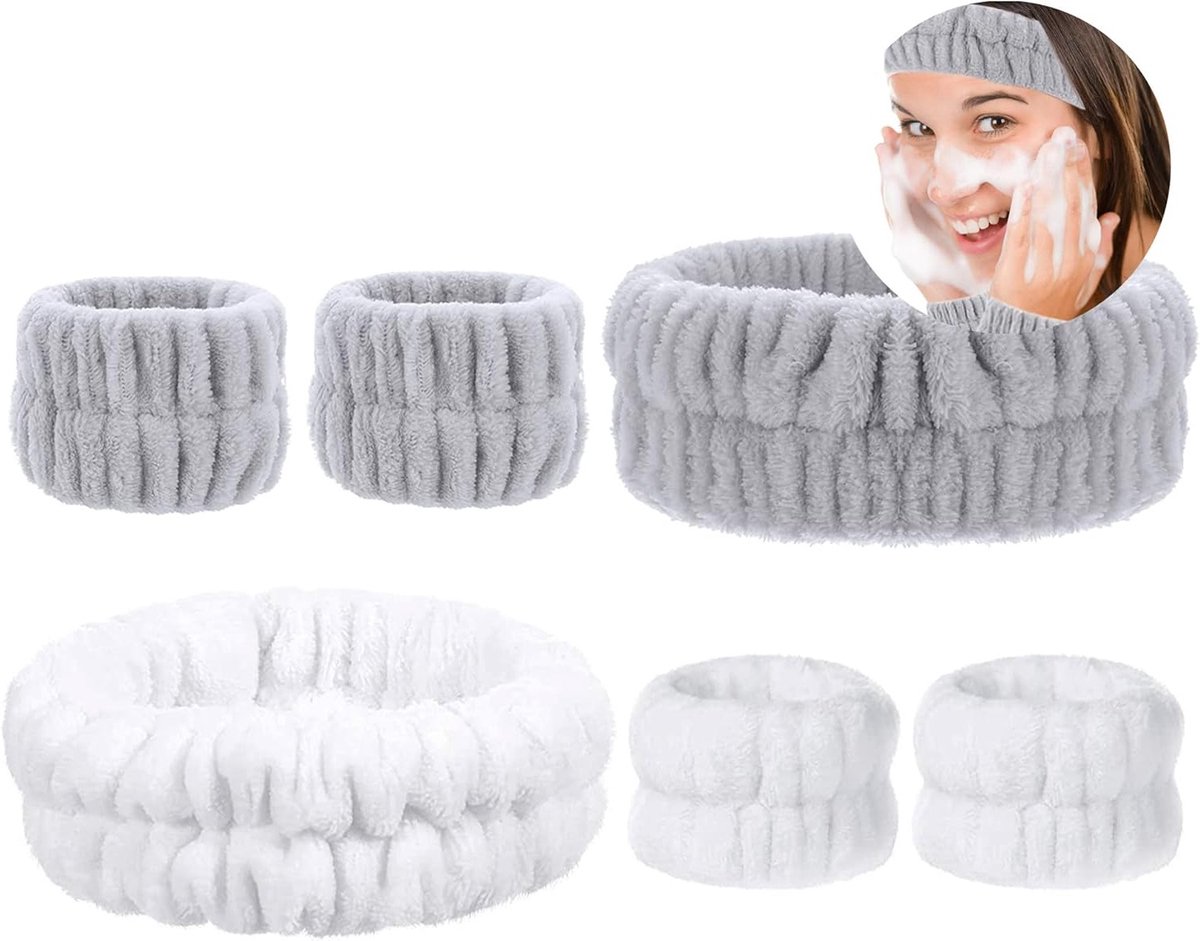 Set van 6 Absorberende Hoofdbanden en Polsbanden voor Make-up en Gezichtsreiniging, Elastische Skincare Accessoires in Wit en Grijs
