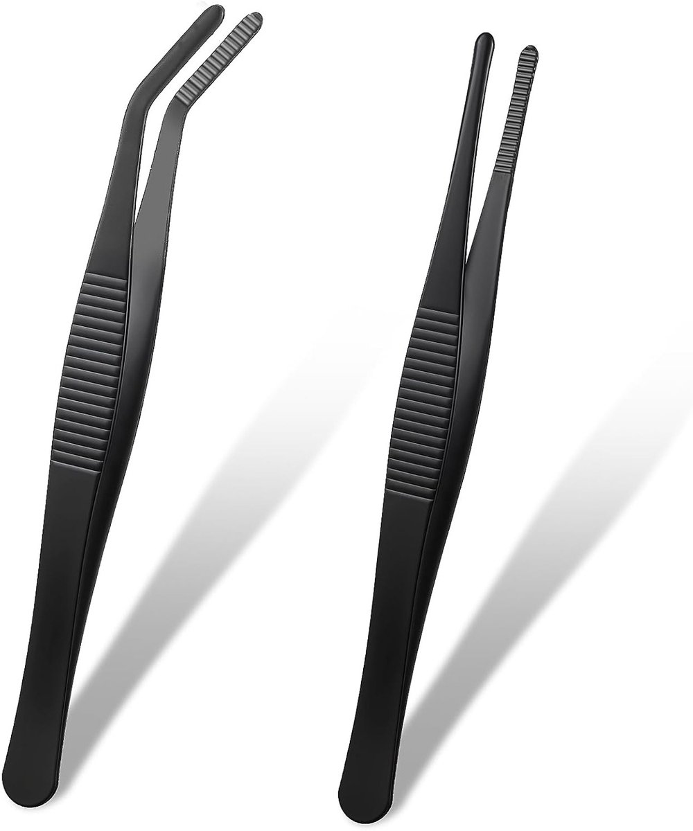 Set van 2 Antislip Gebogen Pincetten en Rechte Pincetten van RVS voor Laboratoriumwerk en Dierenverzorging, 5.5 Inch met Verstevigde Randen