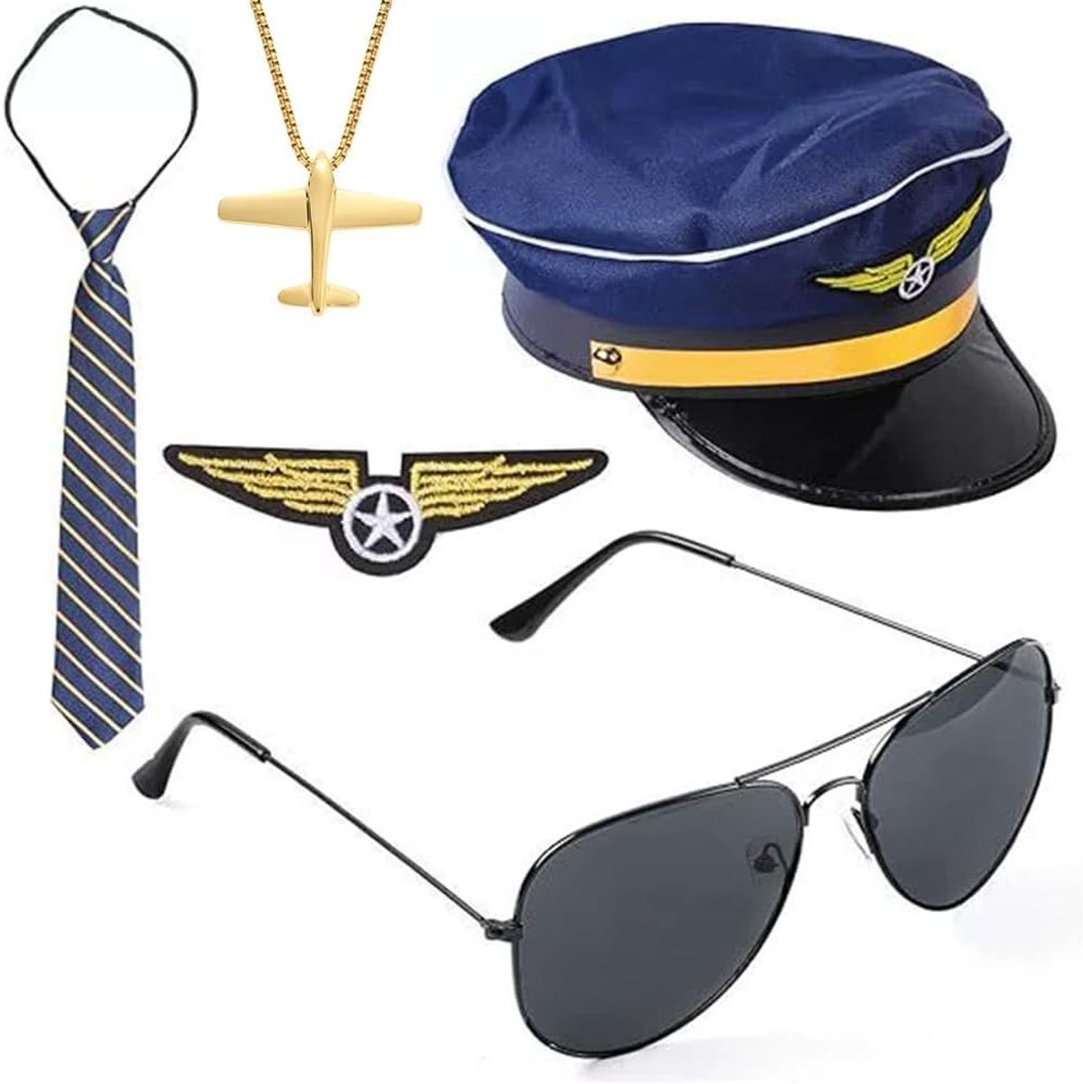 Compleet Kostuumaccessoire Set voor Mannen met Handschoenen, Bril, Vliegtuigspeld en Stropdas voor Carnaval en Themafeesten