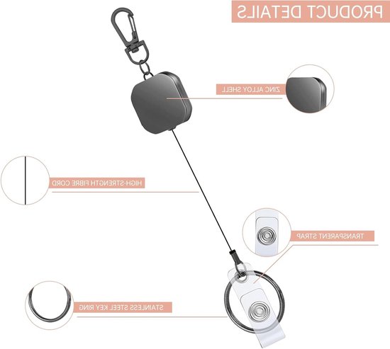 Set van 4 Uittrekbare Badge Reel met Robuuste Carabiner Sleutelhanger en Ceintuurlus - Ideaal voor ID Kaarten, Sleutels en Werkgebruik — afbeelding 2
