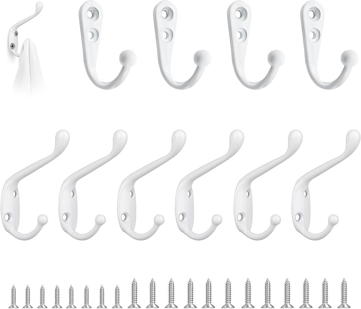 Set van 10 Witte Metalen Wandhaakjes, Duurzame Kledinghaken met Schroeven voor Slaapkamer, Badkamer en Keuken, Ideaal voor Jassen en Handdoeken