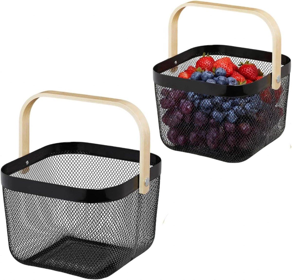 Stijlvolle draadmand met handvat voor tuin, keuken en badkamer, set van 2, 18 x 24,5 x 24,5 cm, ideaal voor opslag en picknick