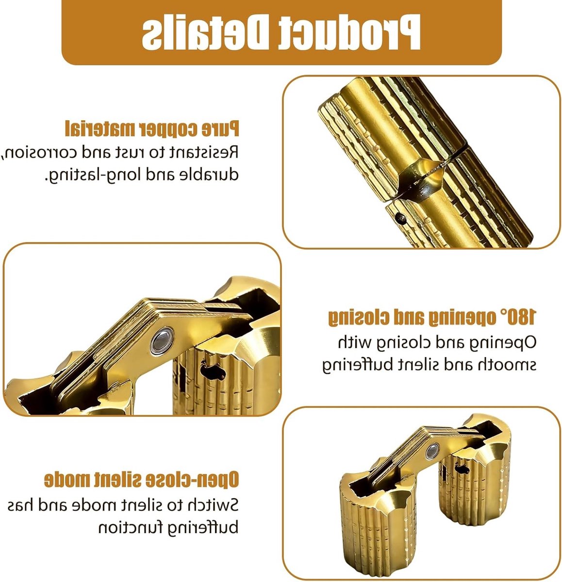 SnelShoppen - Mini Scharnieren, Barrel Scharnier, Verborgen Massief Koper Boorscharnier, 180° Opening, M8 Goud, Set van 4 voor Dozen, Meubels en Doe-H