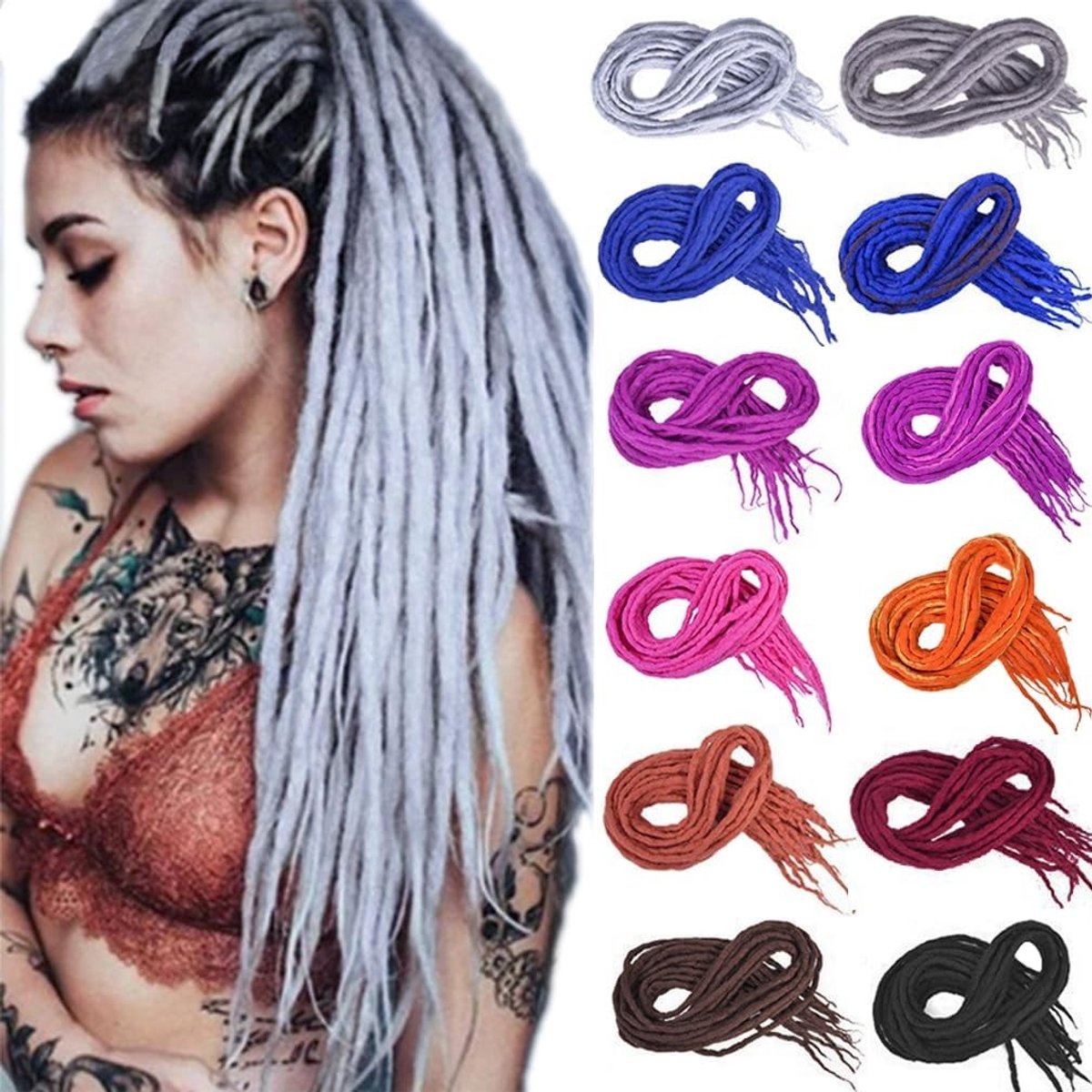Double Ended Dreadlocks Extensions - Donkergrijs - 22 inch - Handgemaakte Wol en Synthetische Dreads - Voor Hiphop en Reggae Stijl