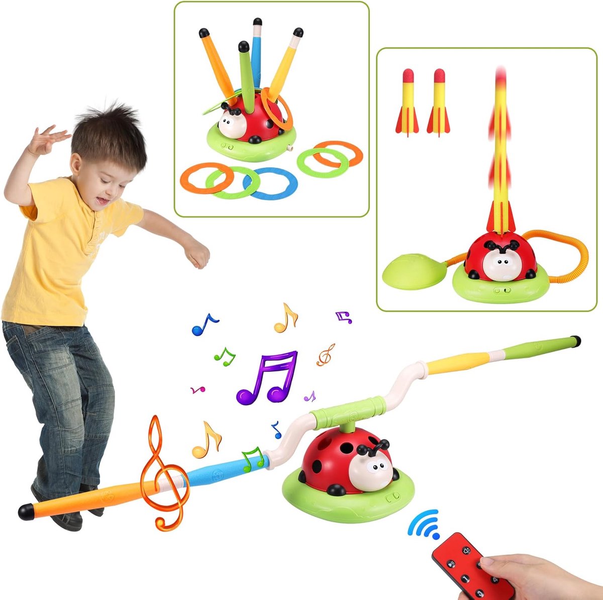 3-in-1 sportset voor kinderen - muziek springen - ringgooi spel - raketlanceerder met afstandsbediening